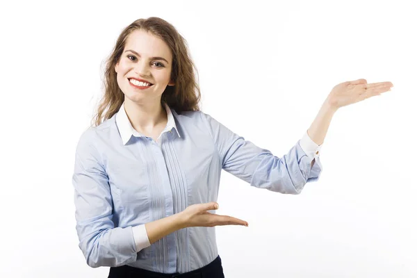 Portrait Young Woman Dressed Blue Shirt Posing White Background — Stock Photo, Image