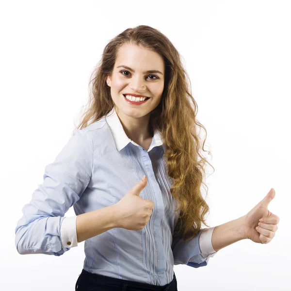 Portrait Young Woman Dressed Blue Shirt Posing White Background — Stock Photo, Image