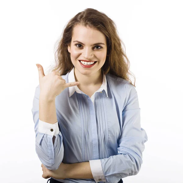 Portrait Young Woman Dressed Blue Shirt Posing White Background — Stock Photo, Image