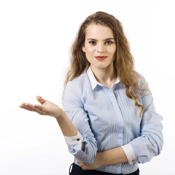 Ritratto Giovane Donna Vestita Camicia Blu Posa Sfondo Bianco — Foto Stock