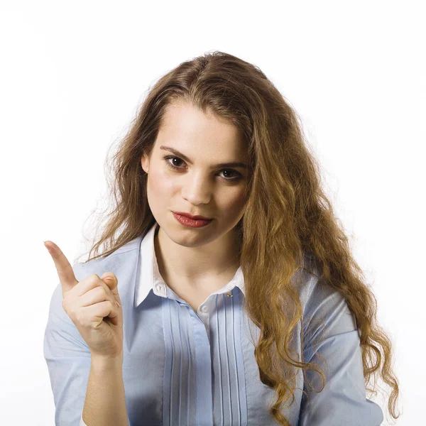 Portrait Young Woman Dressed Blue Shirt Posing White Background — Stock Photo, Image