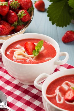 Ev yapımı çilekli çorba. Sıcak yaz günlerinde erişteyle servis edilir..