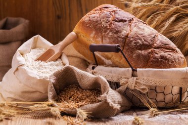 Taze ekmek, tahıl ve tahıl ahşap tahta üzerinde kompozisyon.