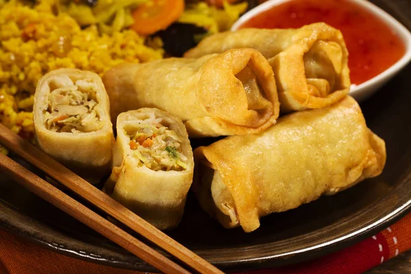 Portion Baked Spring Rolls Vegetables Rice Plate Served Sauce — Stock Photo, Image