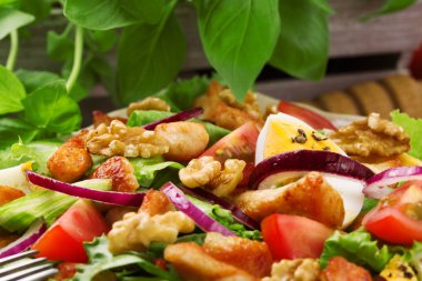 Tavuk, fındık, yumurta ve sebzeli lezzetli salata..