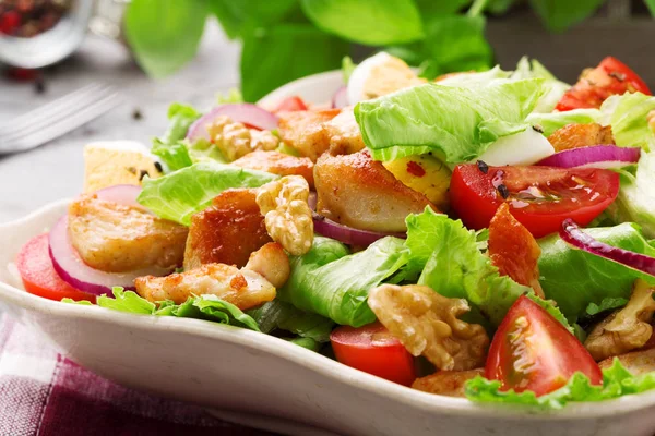 Köstlicher Salat mit Huhn, Nüssen, Ei und Gemüse. — Stockfoto