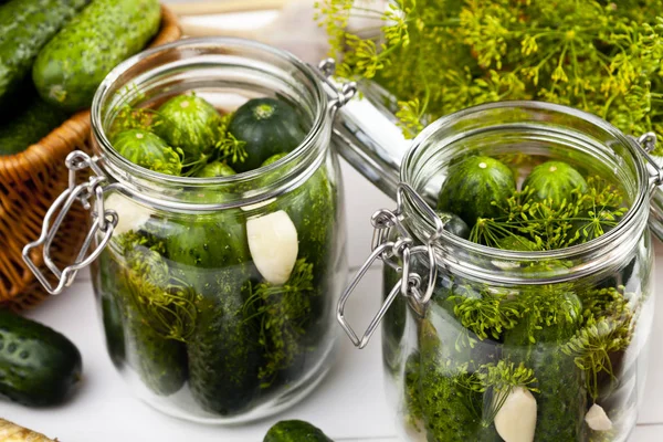 Homemade pickles in brine with garlic, dill and horseradish — Stock Image Homemade pickles in brine with garlic, dill and horseradish Royalty Free Stock Photos