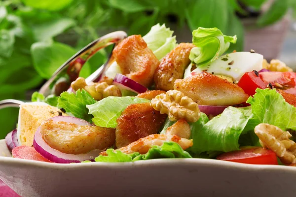Смачний салат з куркою, горіхами, яйцем та овочами . — стокове фото