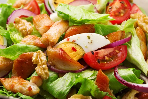 Köstlicher Salat mit Huhn, Nüssen, Ei und Gemüse. — Stockfoto