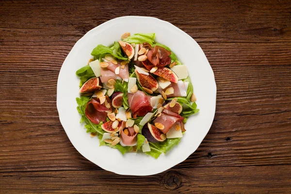 Fresh Salad Figs Prosciutto Parmesan Cheese Toasted Almonds Top View — Stock Photo, Image