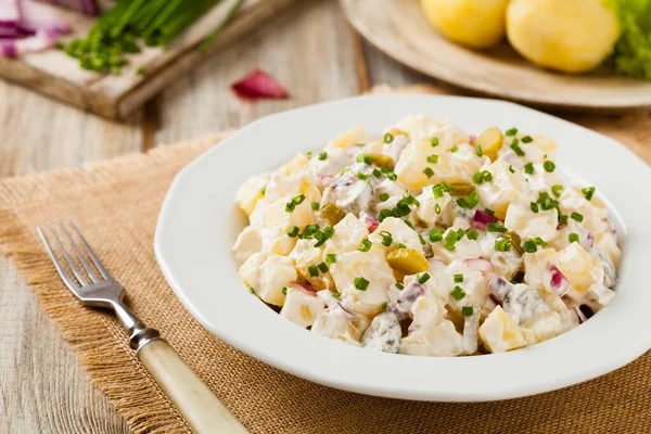 Ensalada Tradicional Papa Alemana Con Pepino Cebolla Mayonesa —  Fotos de Stock