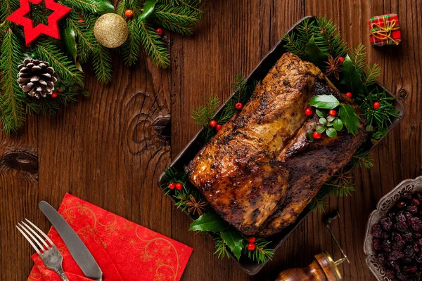 Roast Pork Loin Christmas Decoration Top View Wooden Background — Stock Photo, Image