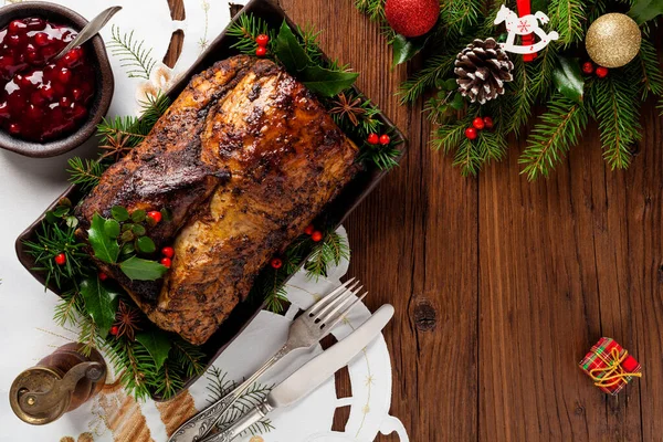 Roast Pork Loin Christmas Decoration Top View Wooden Background — Stock Photo, Image