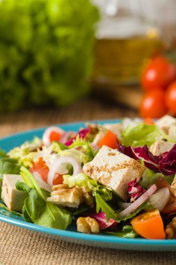 Tofulu, domatesli ve cevizli nefis salata, üzerine balzamik sirke serpilmiş ve mavi bir tabakta servis edilmiş. Ön görünüm.