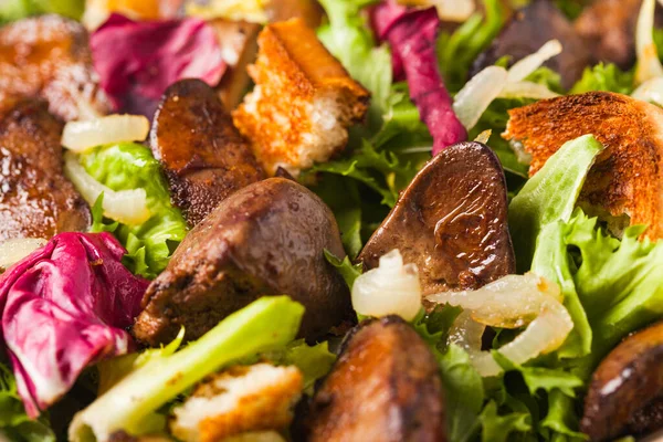 Salada Quente Com Fígado Frango Grelhado Torrada Close — Fotografia de Stock