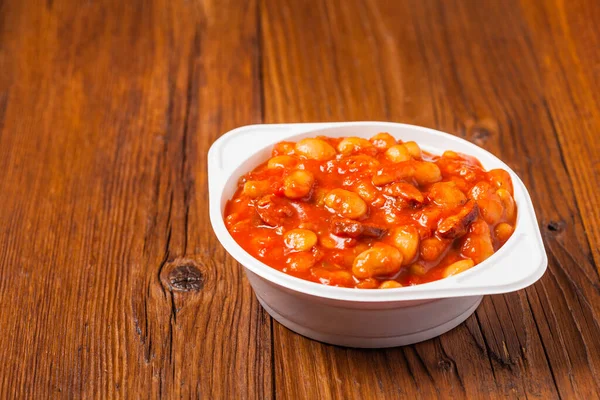 Baked Beans Tomato Sauce Served Plastic Cups Front View — Stock Photo, Image