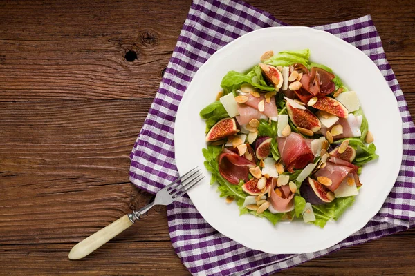 Fresh Salad Figs Prosciutto Parmesan Cheese Toasted Almonds Top View — Stock Photo, Image