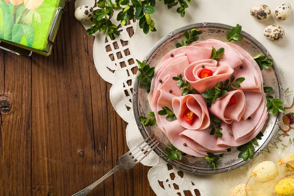 Sliced Ham Decoration Easter Top View — Stock Photo, Image