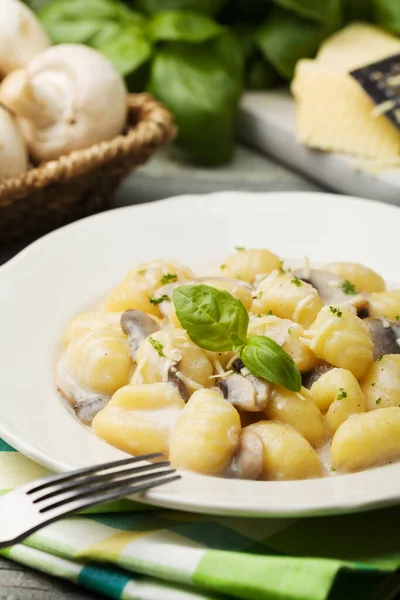 Porzione Gnocchi Con Sugo Funghi Formaggio — Foto Stock