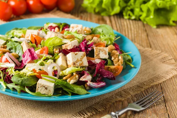 Köstlicher Salat Mit Tofu Tomaten Und Walnüssen Beträufelt Mit Einer — Stockfoto