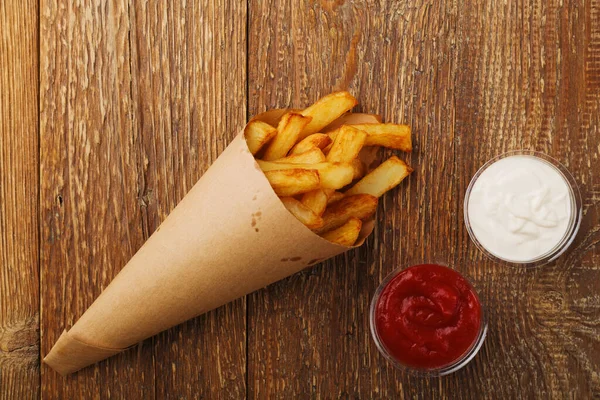 Serving Belgian Fries Served Paper Tube Dip Wooden Table — Stock Photo, Image