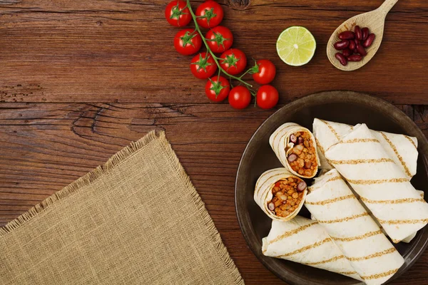 Burritos Wraps Meat Beans Vegetables Wooden Board — Stock Photo, Image