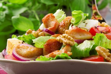 Tavuk, fındık, yumurta ve sebzeli lezzetli salata..