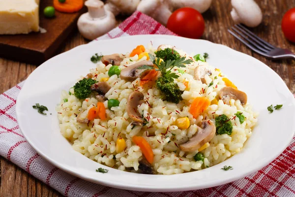 Classic Risotto Mushrooms Vegetables Served White Plate — Stock Photo, Image