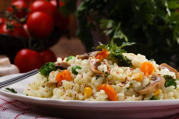 Classic Risotto Mushrooms Vegetables Served White Plate — Stock Photo, Image