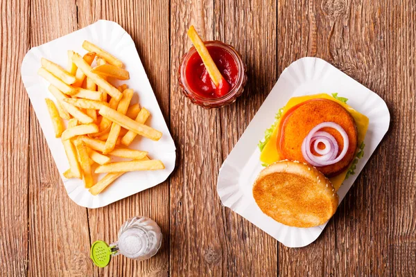Delicious Fish Burgerserved Fresh French Fries Servwed Paper Try — Stock Photo, Image