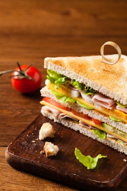 Jambonlu, peynirli, yumurtalı ve sebzeli tost sandviçi. Ön görünüm.