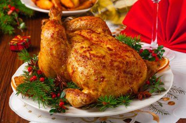 Noel süslemeli bütün tavuğu kızarttım. Ahşap arka plan. Ön görünüm. 