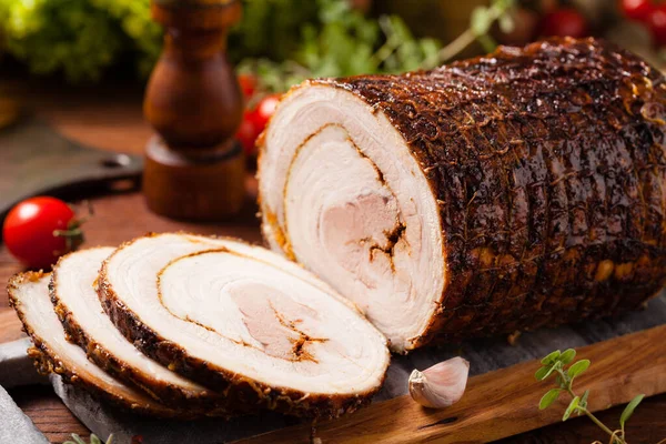 Rolled Roasted Pork Belly Front View — Stock Photo, Image