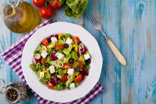Fresh Greek Salad Plate Blue Wooden Board Top View — Stock Photo, Image