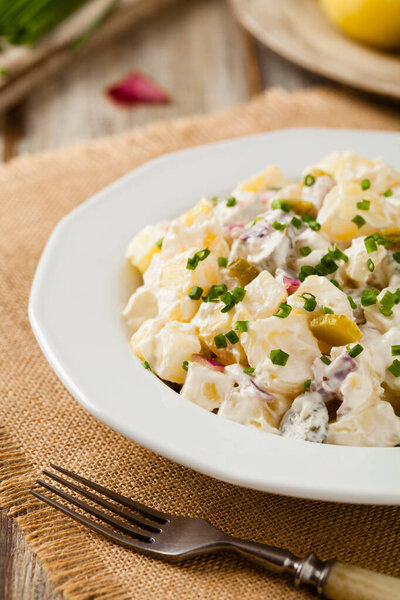 Traditional German potato salad with cucumber, onion and mayonnaise. 