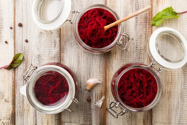 Grated Beetroot Marinated Jars Wooden Background Top View — Stock Photo, Image