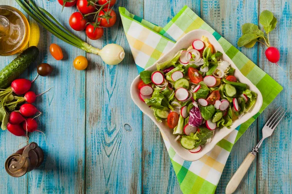 Turplu, salatalıklı, renkli domatesli taze salata. BBC için en iyisi. Üst görünüm.