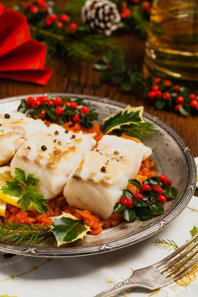 Christmas Fish Roasted Cod Pieces Served Vegetable Sauce Xmas Styling — Stock Photo, Image