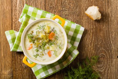 Geleneksel salatalık çorbası ve salatalık turşusu. Üst görünüm.