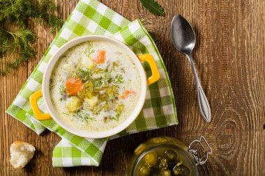 Geleneksel salatalık çorbası ve salatalık turşusu. Üst görünüm.
