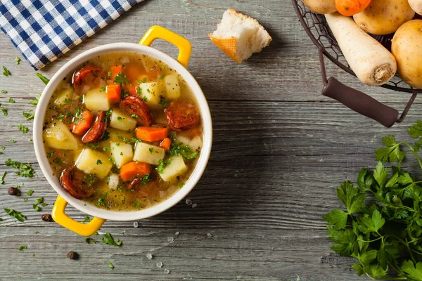 Traditional potato soup. Top view.