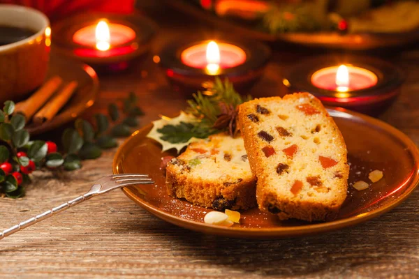 Christmas Cake Fruitcake Natural Wooden Background Top View — Stock Photo, Image