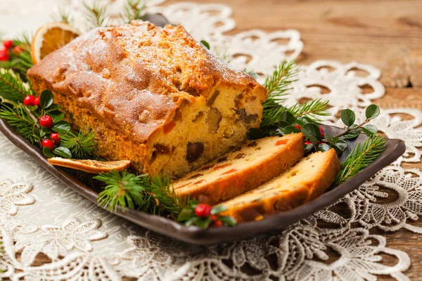 Christmas Cake Fruitcake Natural Wooden Background Top View — Stock Photo, Image