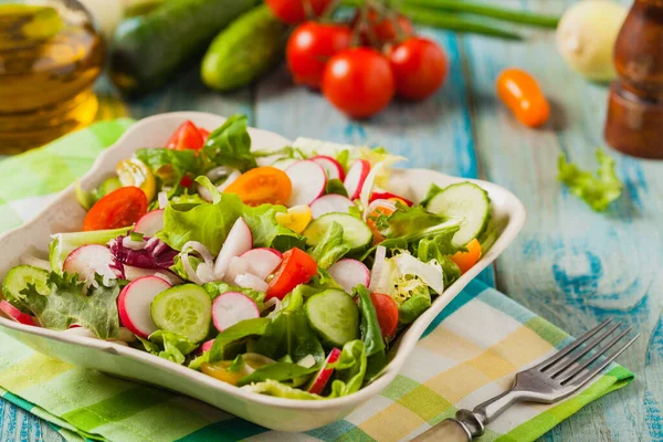 Salada Fresca Com Rabanete Pepino Tomates Cereja Coloridos Melhor Para — Fotografia de Stock