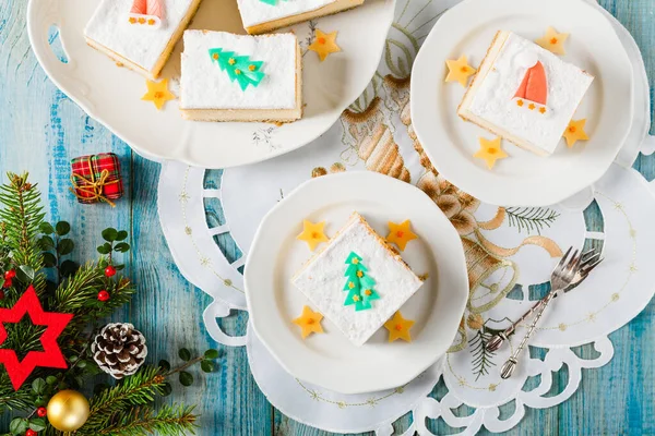 Delicious Traditional Cheesecake Christmas Decoration Top View — Stock Photo, Image