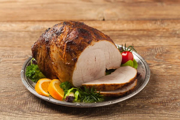 Baked Ham Served Old Plate Natural Wooden Background Front View — Stock Photo, Image