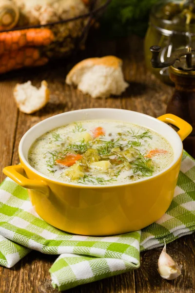 Traditional cucumber soup with pickled cucumbers. Front view. — Stock Image Traditional Cucumber Soup Pickled Cucumbers Front View Stock Photo
