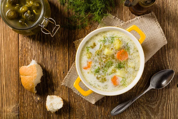 Traditional cucumber soup with pickled cucumbers. Top view. — Stock Image Traditional Cucumber Soup Pickled Cucumbers Top View Stock Image