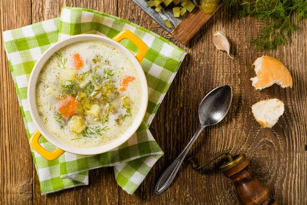 Traditional cucumber soup with pickled cucumbers. Top view. — Stock Image Traditional Cucumber Soup Pickled Cucumbers Top View Royalty Free Stock Images