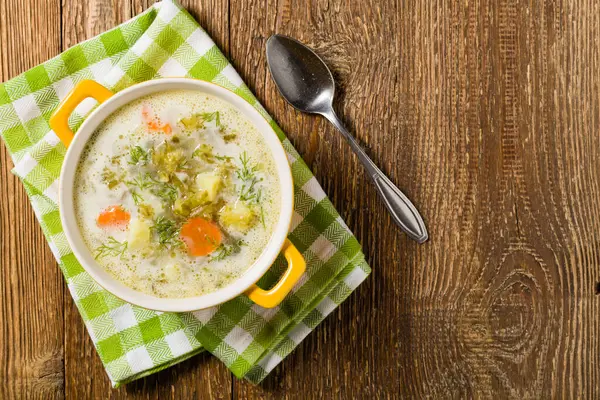 Traditional cucumber soup with pickled cucumbers. Top view. — Stock Image Traditional Cucumber Soup Pickled Cucumbers Top View Stock Photo